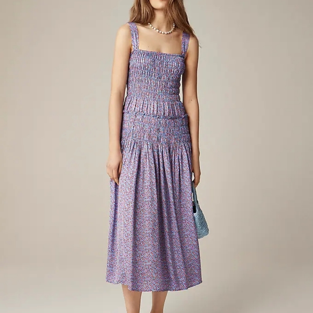 Jcrew Smocked midi dress in summer fields print Floral Purple Bnwt